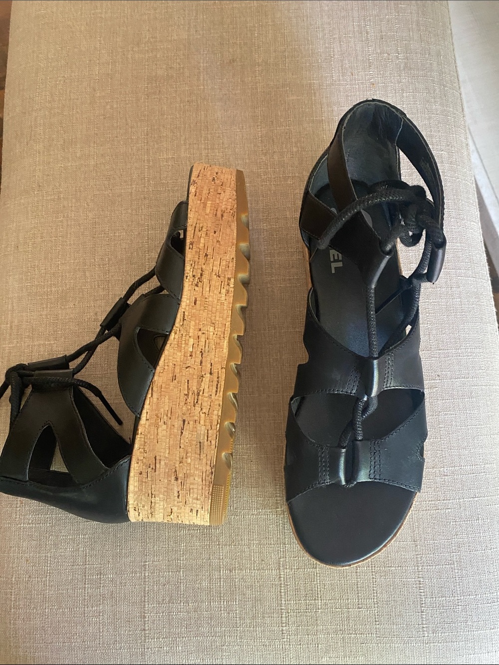 Sorel Black Cork Wedge Sandals with Lace-Up Straps